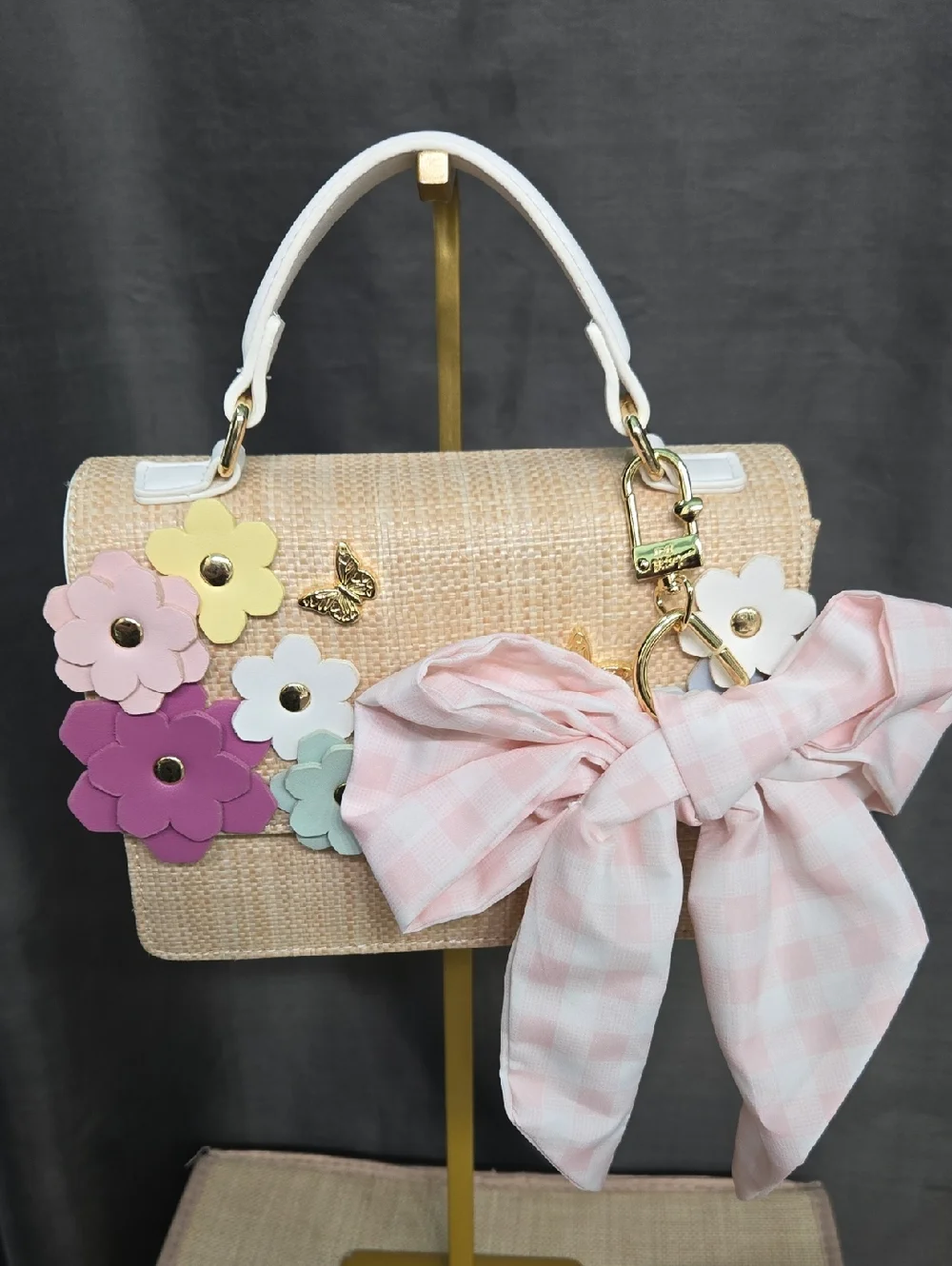 SALE! NWOT! Betsey Johnson Beige Straw Satchel with Flower Accents